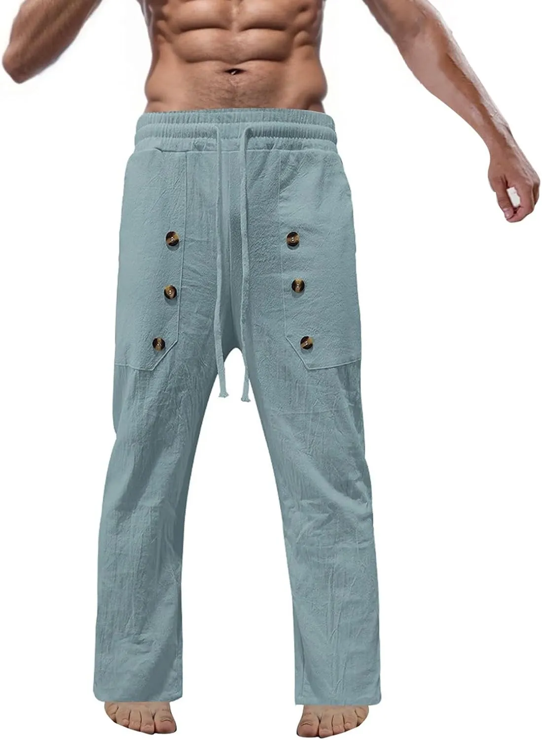 Mens Straight Leg Casual Solid Color Multi-Button Cotton and Linen Solid Color Pants 2025
