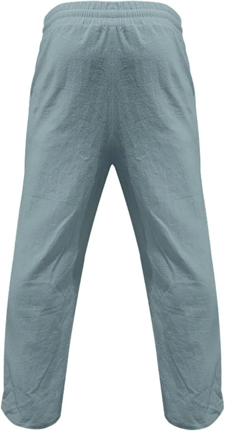 Mens Straight Leg Casual Solid Color Multi-Button Cotton and Linen Solid Color Pants 2025