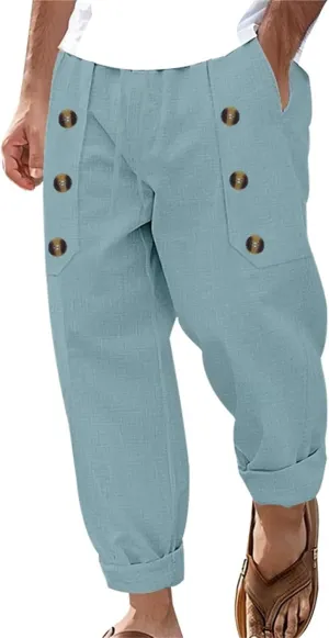 Mens Straight Leg Casual Solid Color Multi-Button Cotton and Linen Solid Color Pants 2025