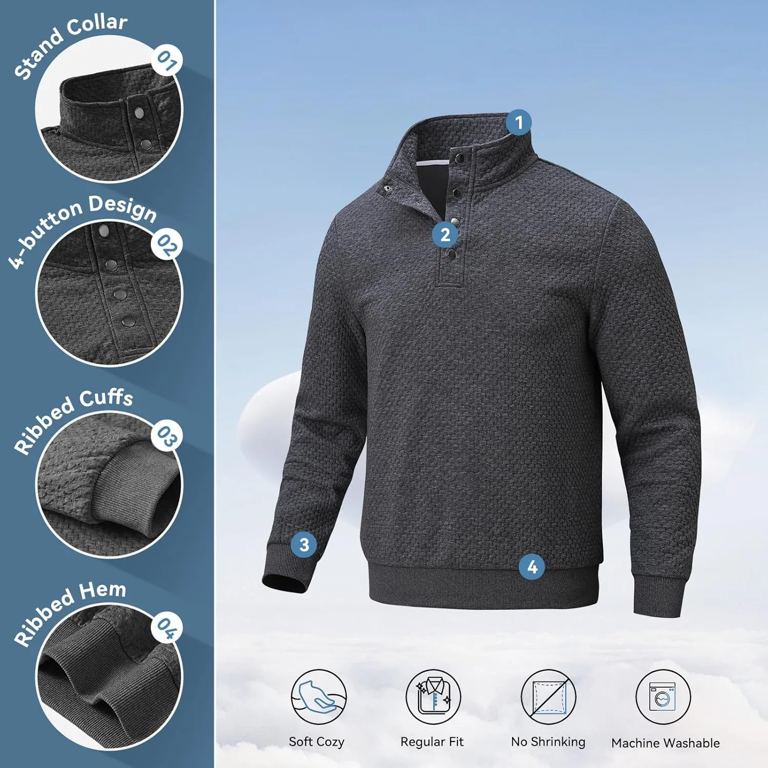 Men's Sweatshirt Quilted Mens Sweater Quarter Button Pullover Sweater Knit Long Sleeve Stand Collar Warm Lightweight