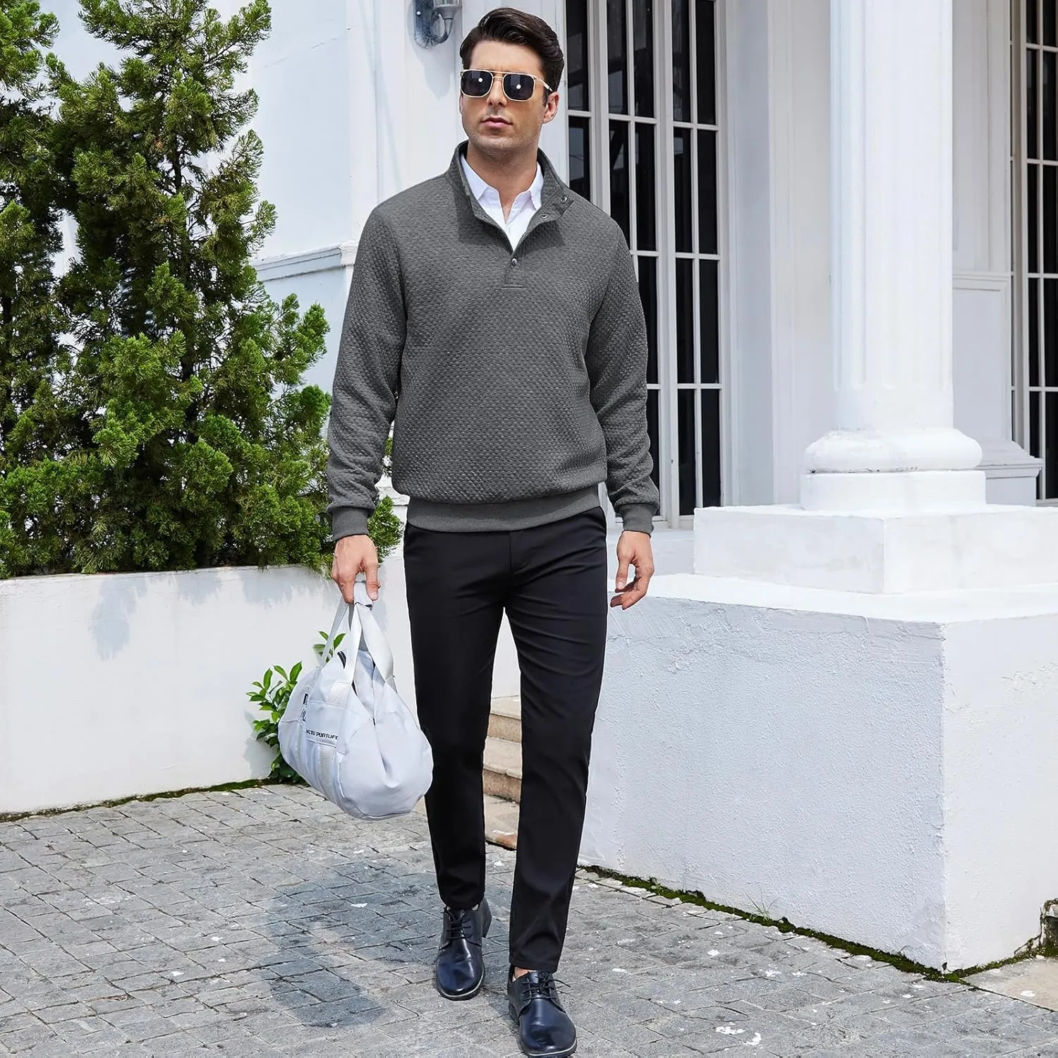 Men's Sweatshirt Quilted Mens Sweater Quarter Button Pullover Sweater Knit Long Sleeve Stand Collar Warm Lightweight