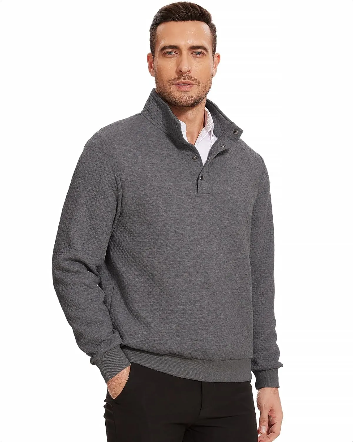 Men's Sweatshirt Quilted Mens Sweater Quarter Button Pullover Sweater Knit Long Sleeve Stand Collar Warm Lightweight