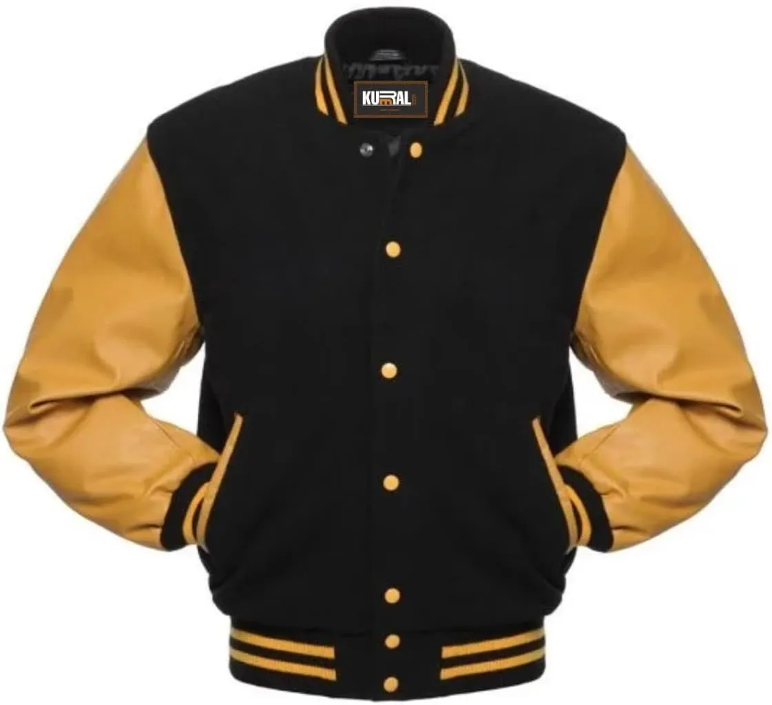 Mens Varsity Jacket - Letterman Jacket - Wool Body Genuine Leather Sleeves Bomber Jacket