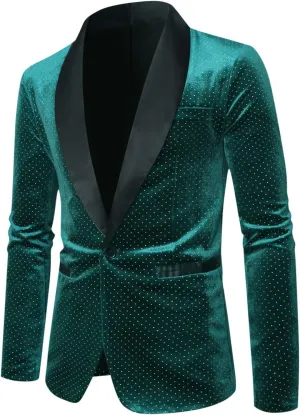 Men's Velvet Blazer Shawl Lapel One Button Suit Jacket Stylish Polka Dot Wedding Tuxedo for Dinner Prom Party Disco