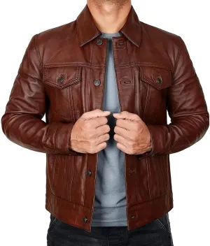 Mens Western Trucker Leather Jacket, Genuine Leather Shirt Jacket Mens, Western Genuine Leather Trucker Jacket Men