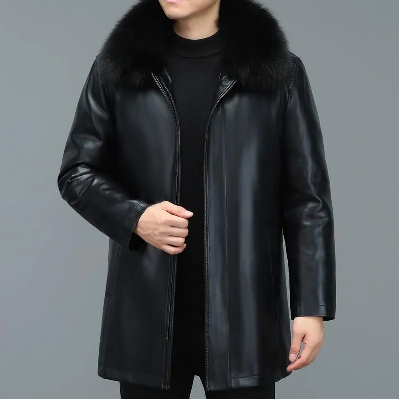 Men's Winter Genuine Leather Jacket, 90% White Duck Down Puffer Coat, Thickened Sheepskin Down Jacket