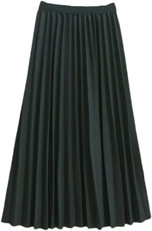 Midi Long Skirt Women Basic A Line Elastic High Waist Pleated Skirt Female Ladies