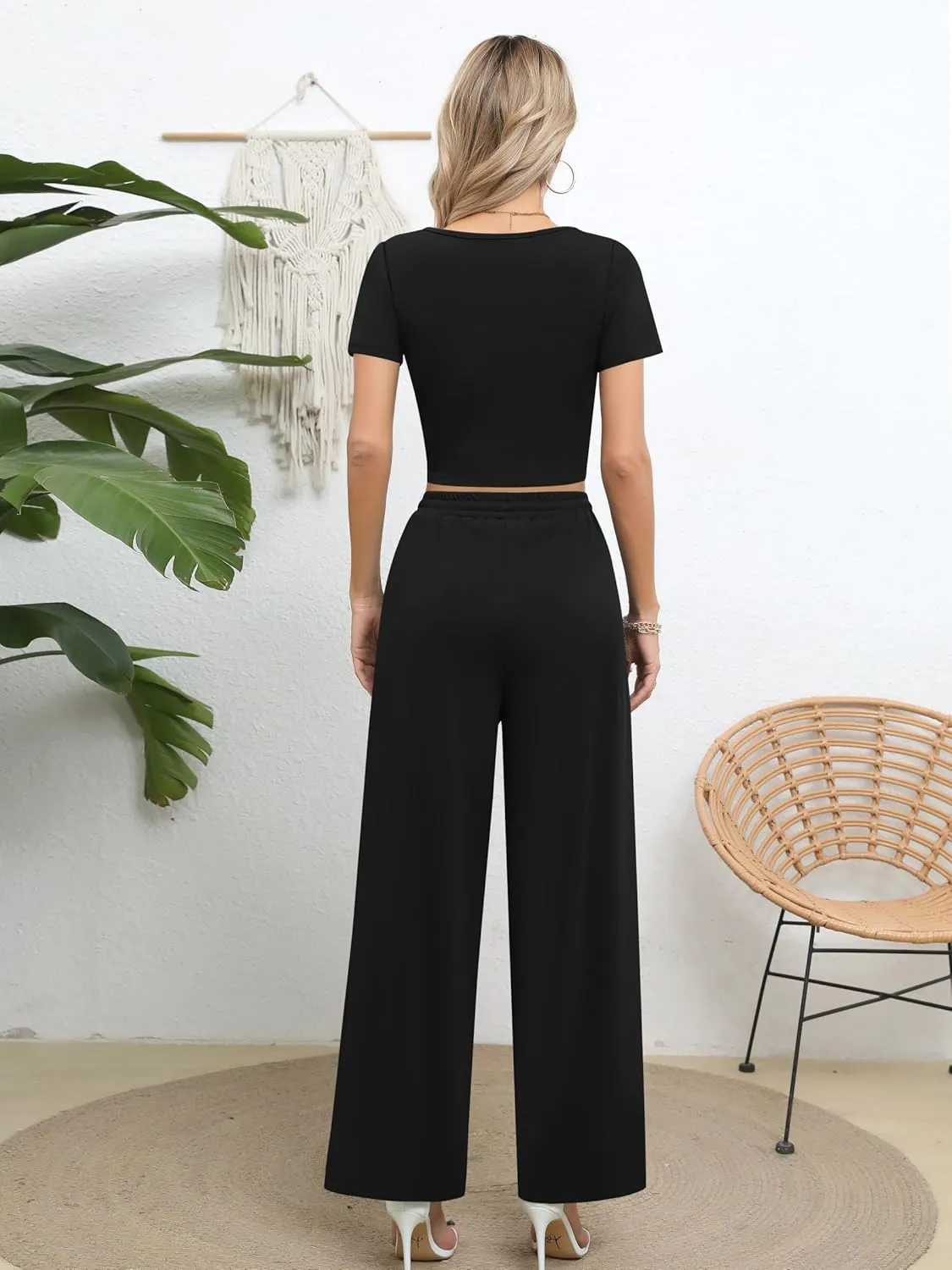 Missufe Women's 2 Piece Outfits Short Sleeve Crop Top and Wide Leg Pants Summer Lounge Set with Pockets