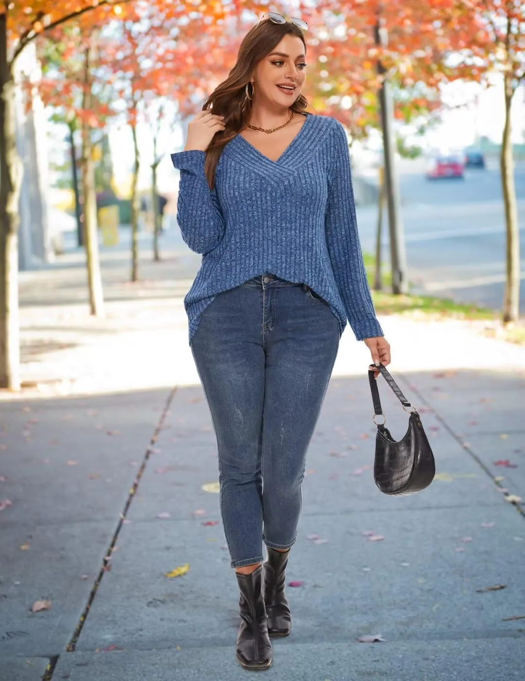 MONNURO Plus Size Women's Long Sleeve Sweater Tops V-Neck Loose Fit Dressy Fall Tunic Sweater