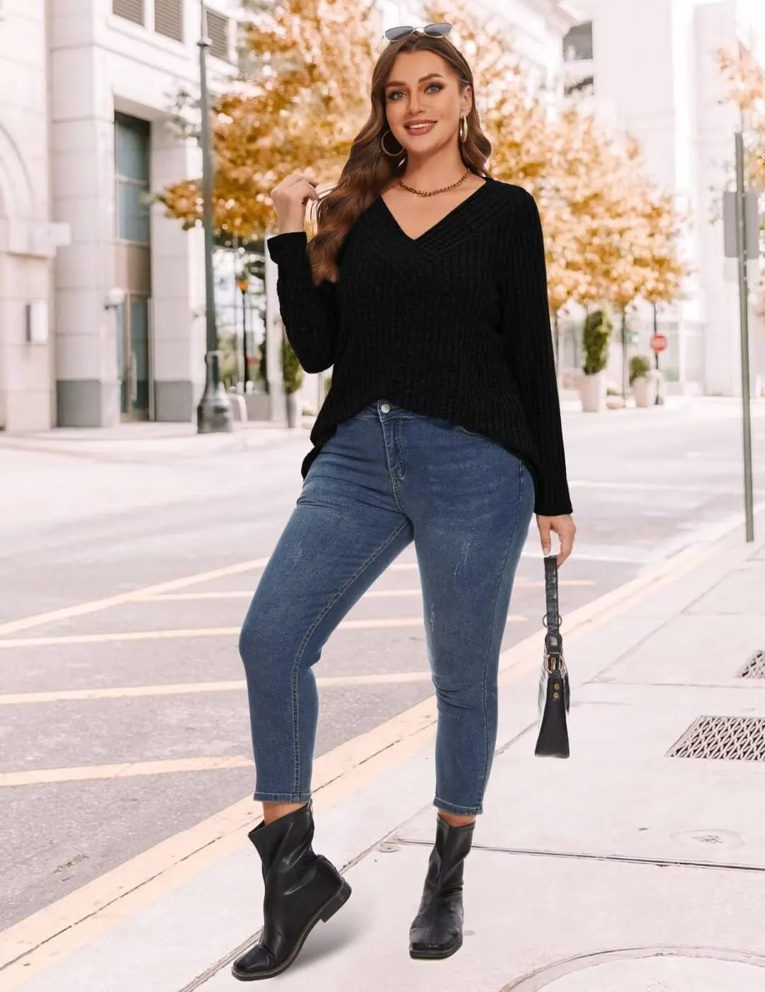 MONNURO Plus Size Women's Long Sleeve Sweater Tops V-Neck Loose Fit Dressy Fall Tunic Sweater