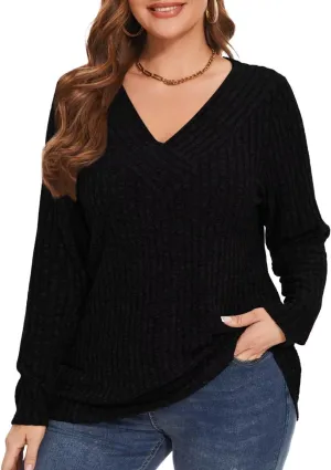 MONNURO Plus Size Women's Long Sleeve Sweater Tops V-Neck Loose Fit Dressy Fall Tunic Sweater