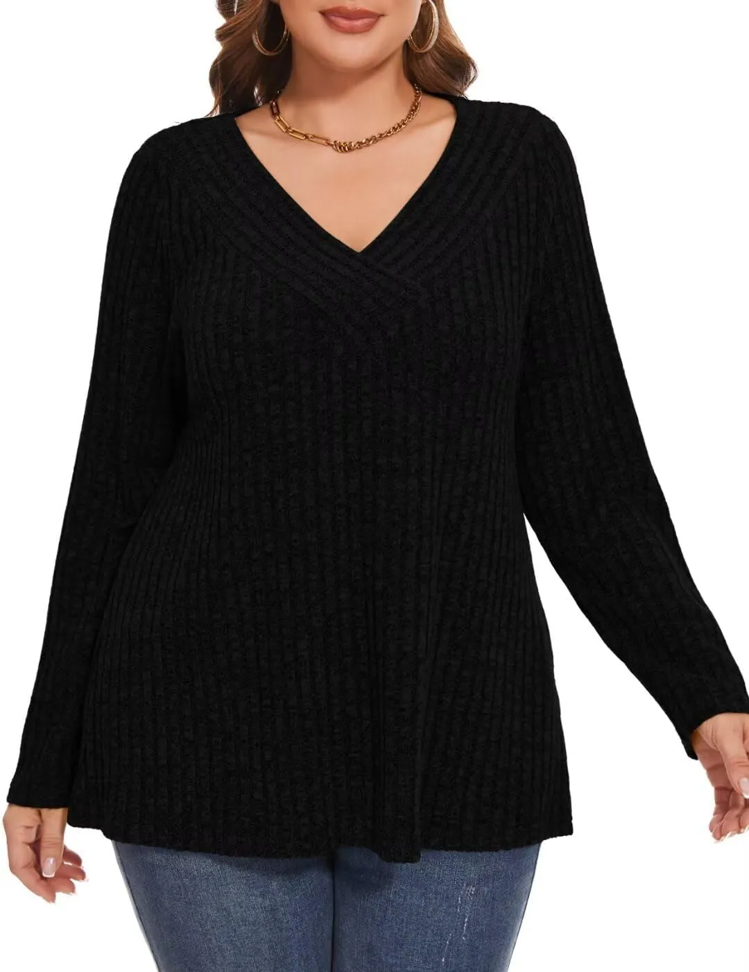 MONNURO Plus Size Women's Long Sleeve Sweater Tops V-Neck Loose Fit Dressy Fall Tunic Sweater