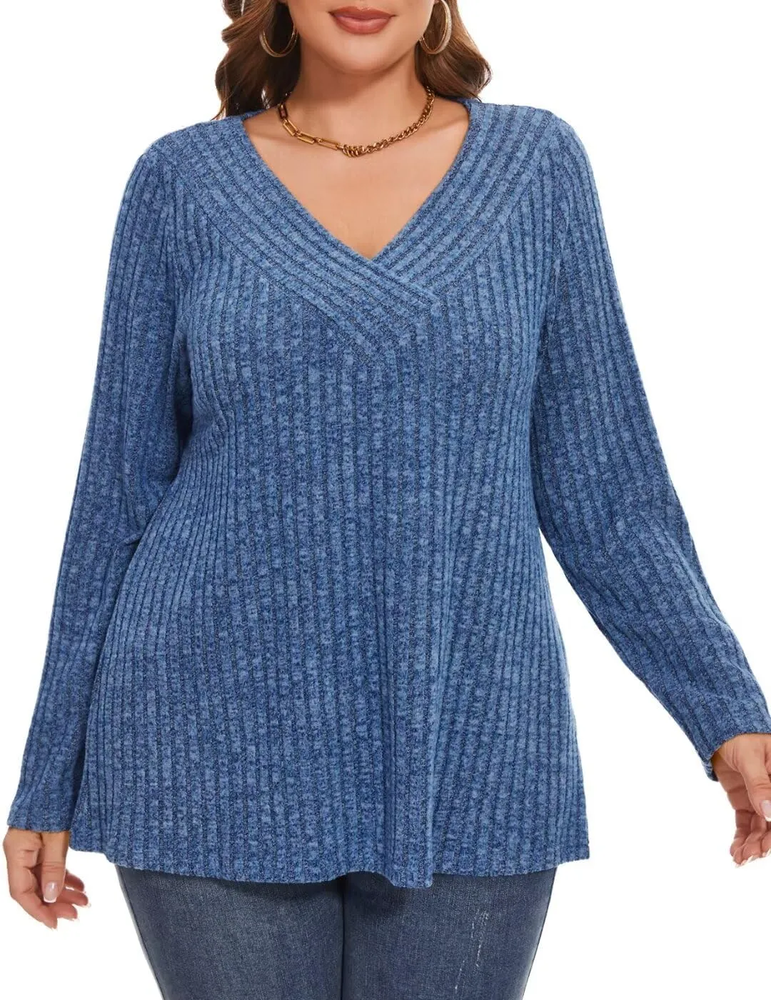 MONNURO Plus Size Women's Long Sleeve Sweater Tops V-Neck Loose Fit Dressy Fall Tunic Sweater