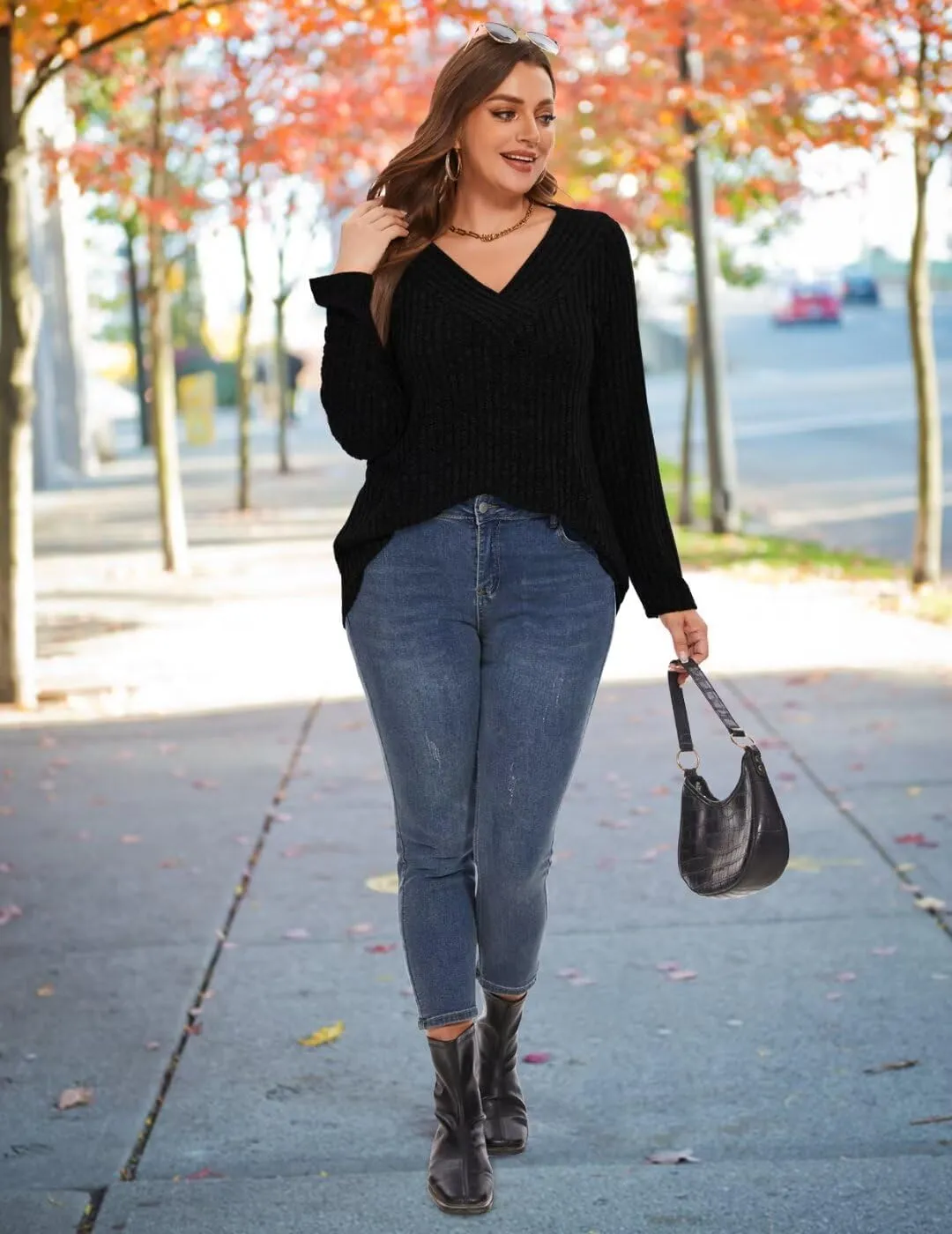 MONNURO Plus Size Women's Long Sleeve Sweater Tops V-Neck Loose Fit Dressy Fall Tunic Sweater