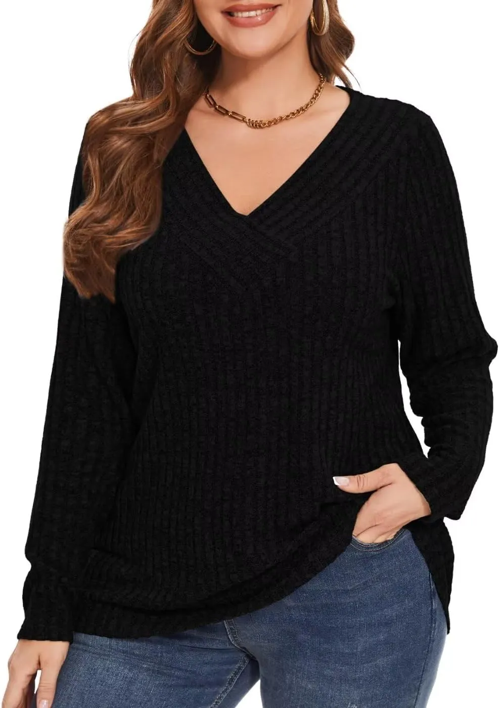 MONNURO Plus Size Women's Long Sleeve Sweater Tops V-Neck Loose Fit Dressy Fall Tunic Sweater