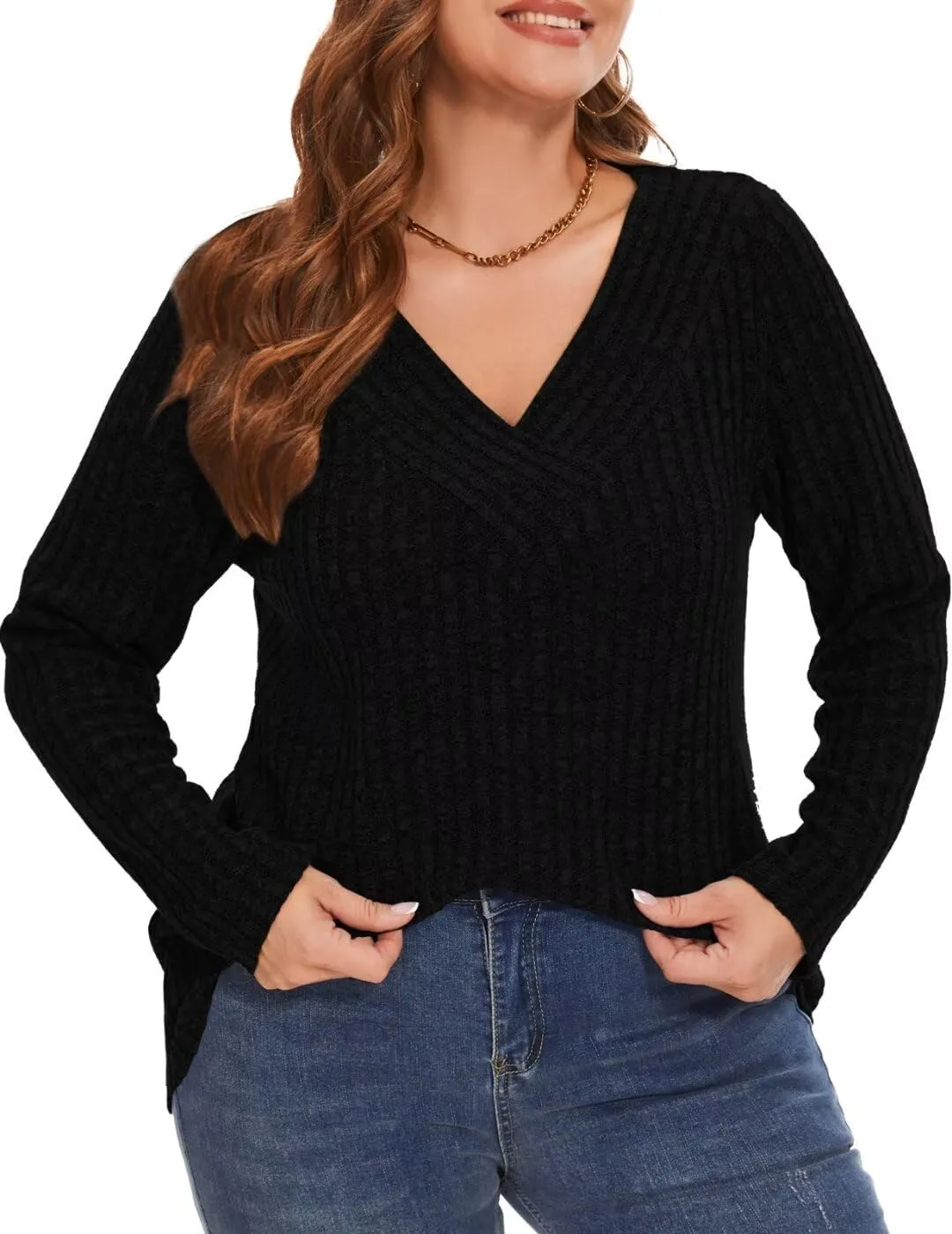 MONNURO Plus Size Women's Long Sleeve Sweater Tops V-Neck Loose Fit Dressy Fall Tunic Sweater