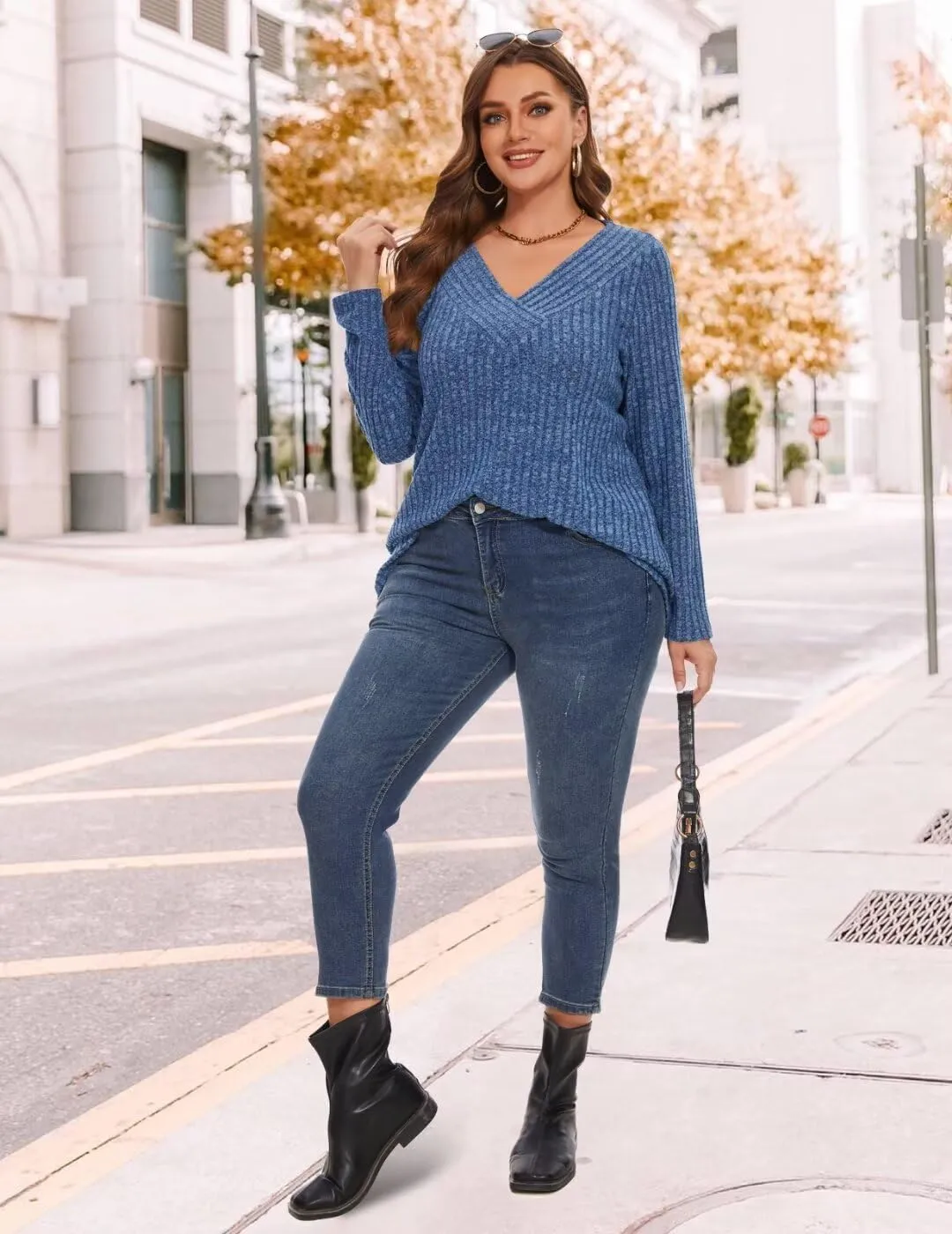 MONNURO Plus Size Women's Long Sleeve Sweater Tops V-Neck Loose Fit Dressy Fall Tunic Sweater