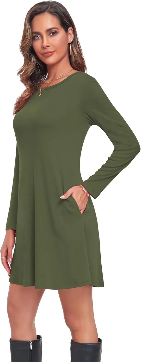 Moskill Long Sleeve Tshirt Dresses for Women with Pockets Casual Loose Swing Dress