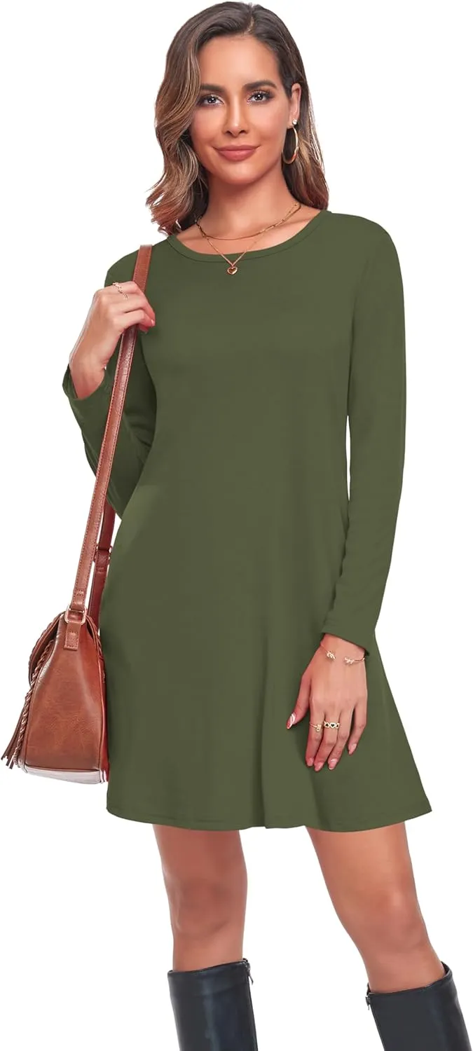 Moskill Long Sleeve Tshirt Dresses for Women with Pockets Casual Loose Swing Dress