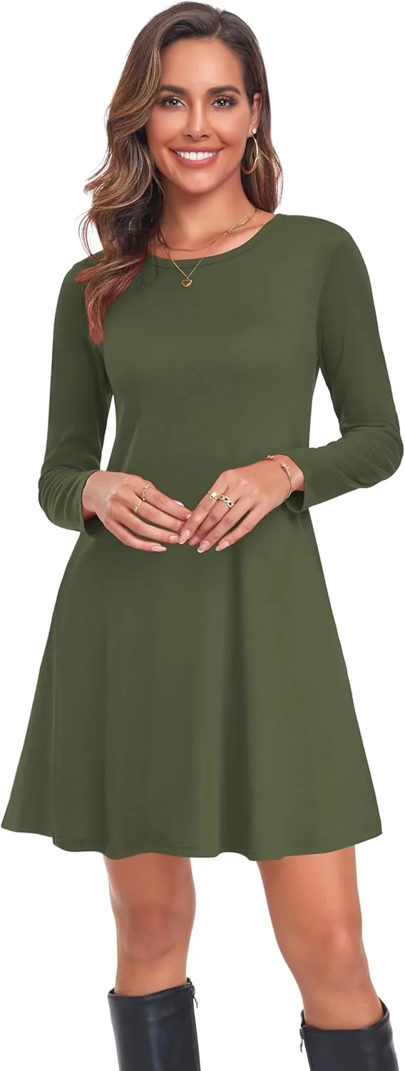 Moskill Long Sleeve Tshirt Dresses for Women with Pockets Casual Loose Swing Dress