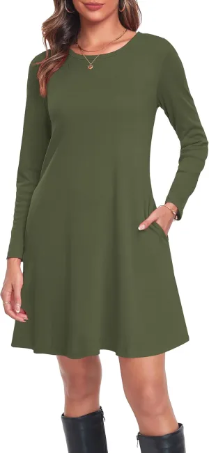 Moskill Long Sleeve Tshirt Dresses for Women with Pockets Casual Loose Swing Dress
