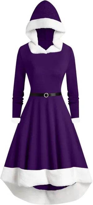 Mrs Santa Claus Costume for Women Velvet Hooded Dress with Belt Holiday Party Long Sleeve Dresses Christmas Cloak