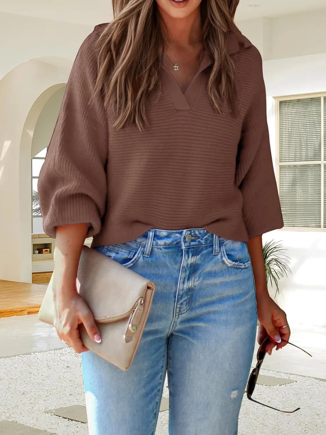 Mutitop Womens V Neck Oversized Sweater Collared Batwing Long Sleeve Ribbed Knit Pullover Casual Fall Chunky Sweater Top