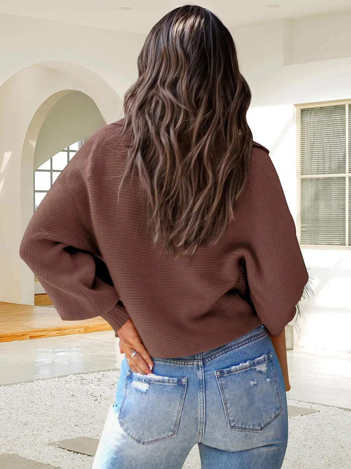 Mutitop Womens V Neck Oversized Sweater Collared Batwing Long Sleeve Ribbed Knit Pullover Casual Fall Chunky Sweater Top