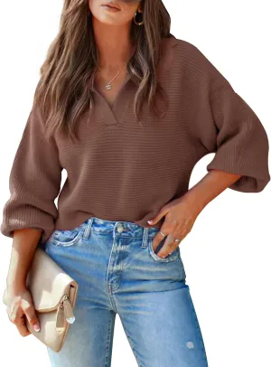 Mutitop Womens V Neck Oversized Sweater Collared Batwing Long Sleeve Ribbed Knit Pullover Casual Fall Chunky Sweater Top