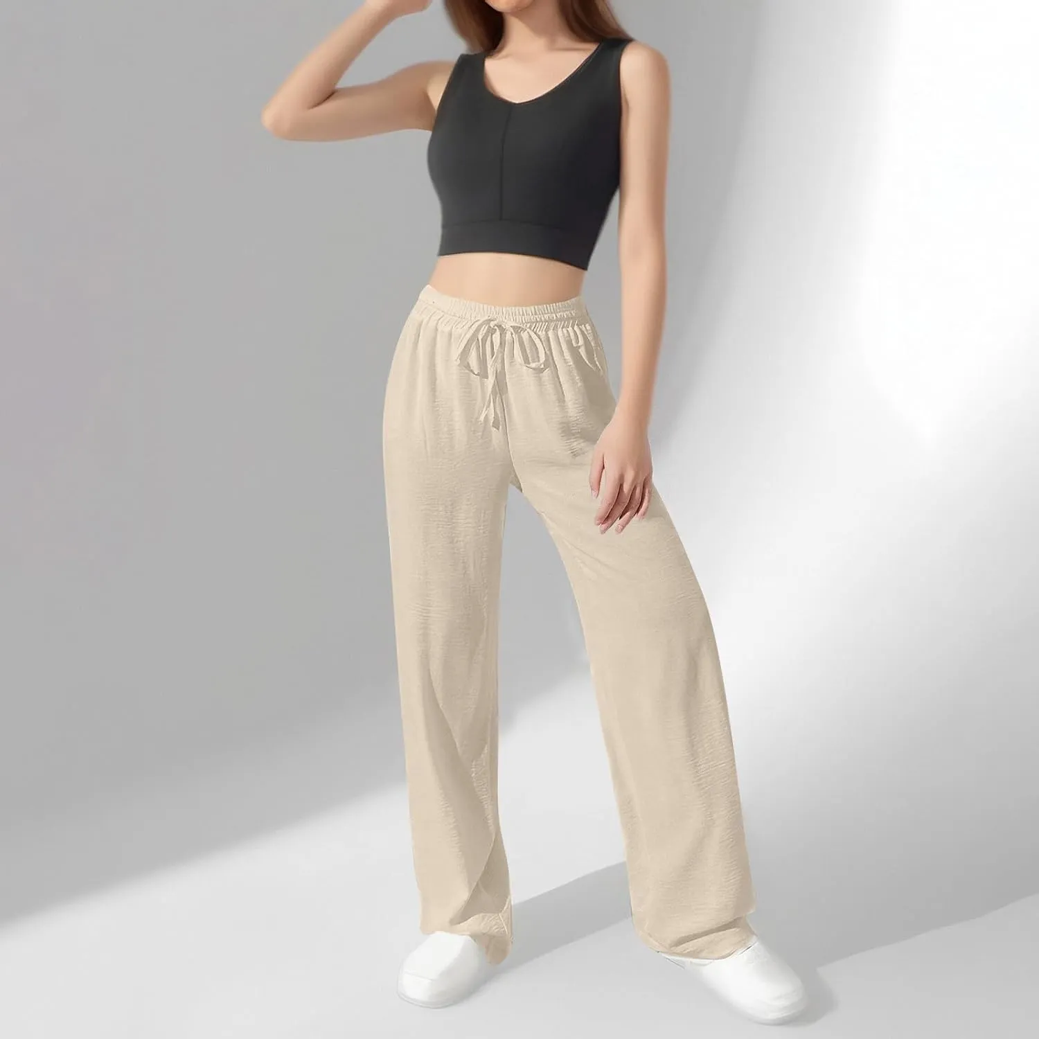 NBXNZWF Women's Cotton-Linen Pants Wide Leg Drawstring High Waist Casual Trousers Lounge Pant with Pockets Beach Outfits