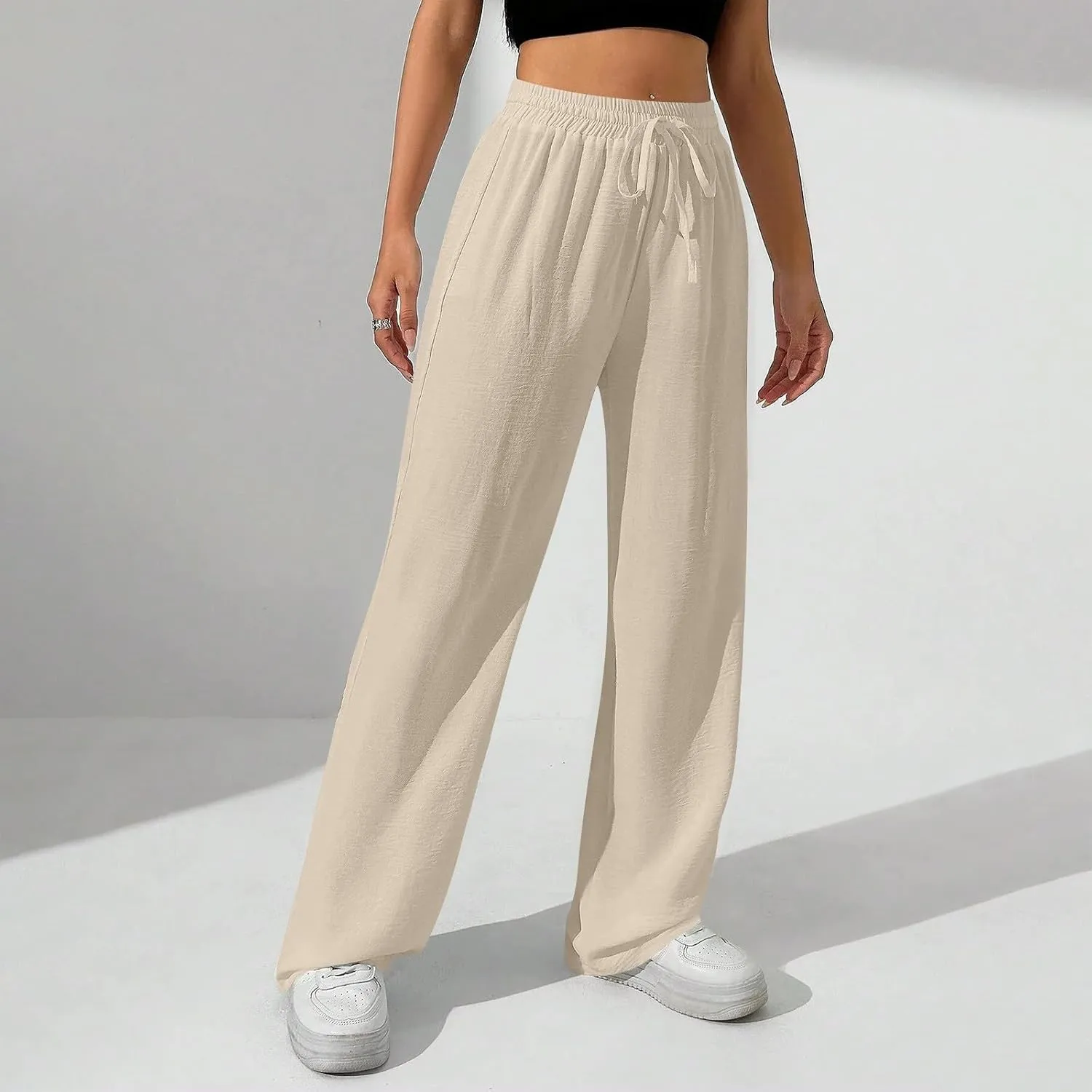 NBXNZWF Women's Cotton-Linen Pants Wide Leg Drawstring High Waist Casual Trousers Lounge Pant with Pockets Beach Outfits