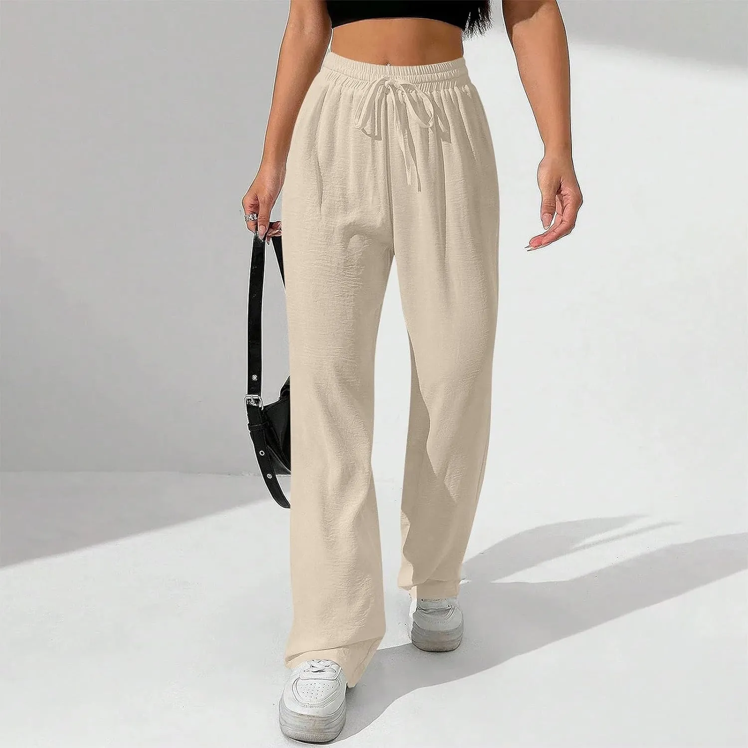 NBXNZWF Women's Cotton-Linen Pants Wide Leg Drawstring High Waist Casual Trousers Lounge Pant with Pockets Beach Outfits
