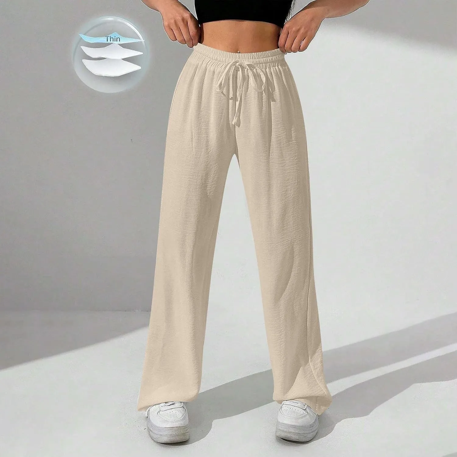 NBXNZWF Women's Cotton-Linen Pants Wide Leg Drawstring High Waist Casual Trousers Lounge Pant with Pockets Beach Outfits