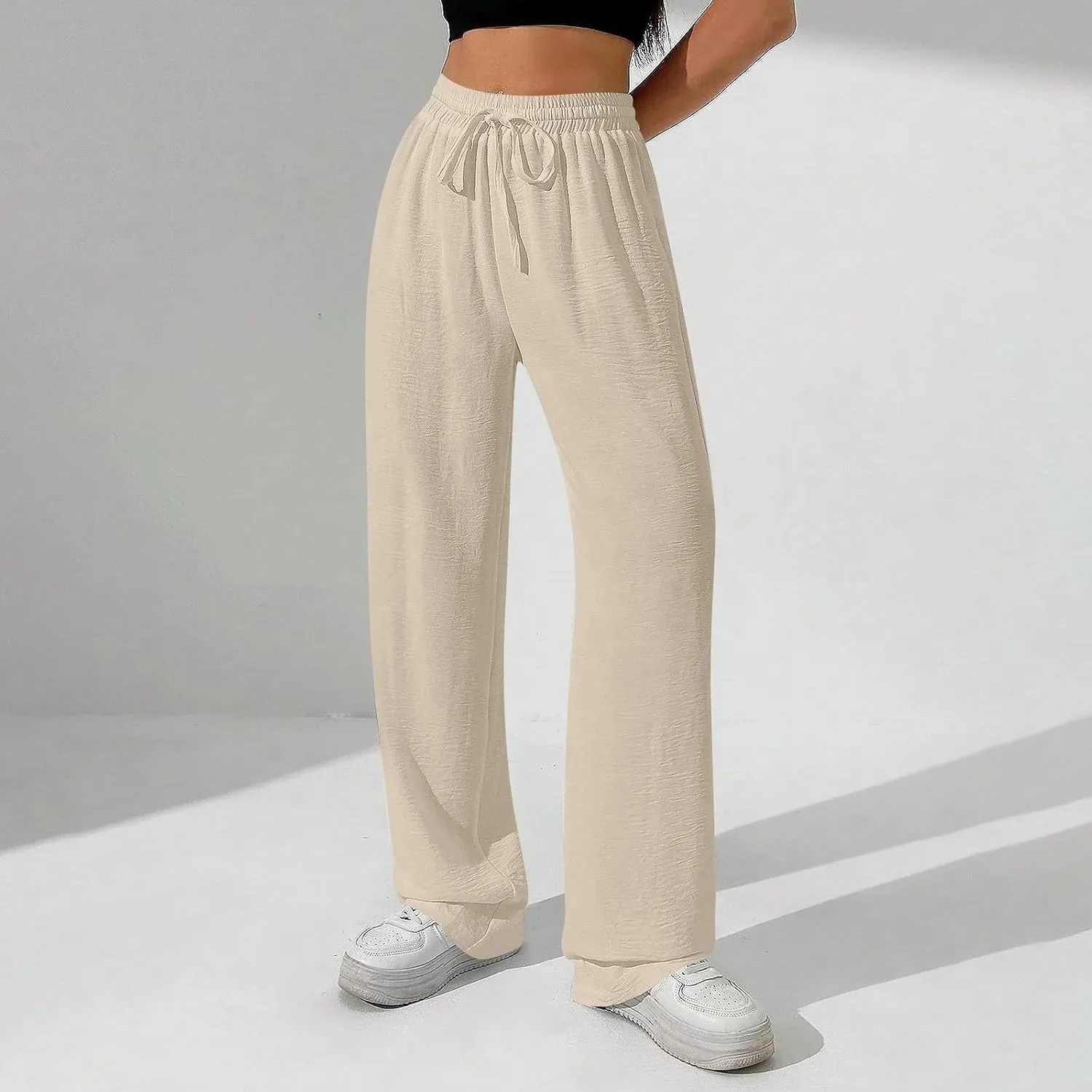 NBXNZWF Women's Cotton-Linen Pants Wide Leg Drawstring High Waist Casual Trousers Lounge Pant with Pockets Beach Outfits