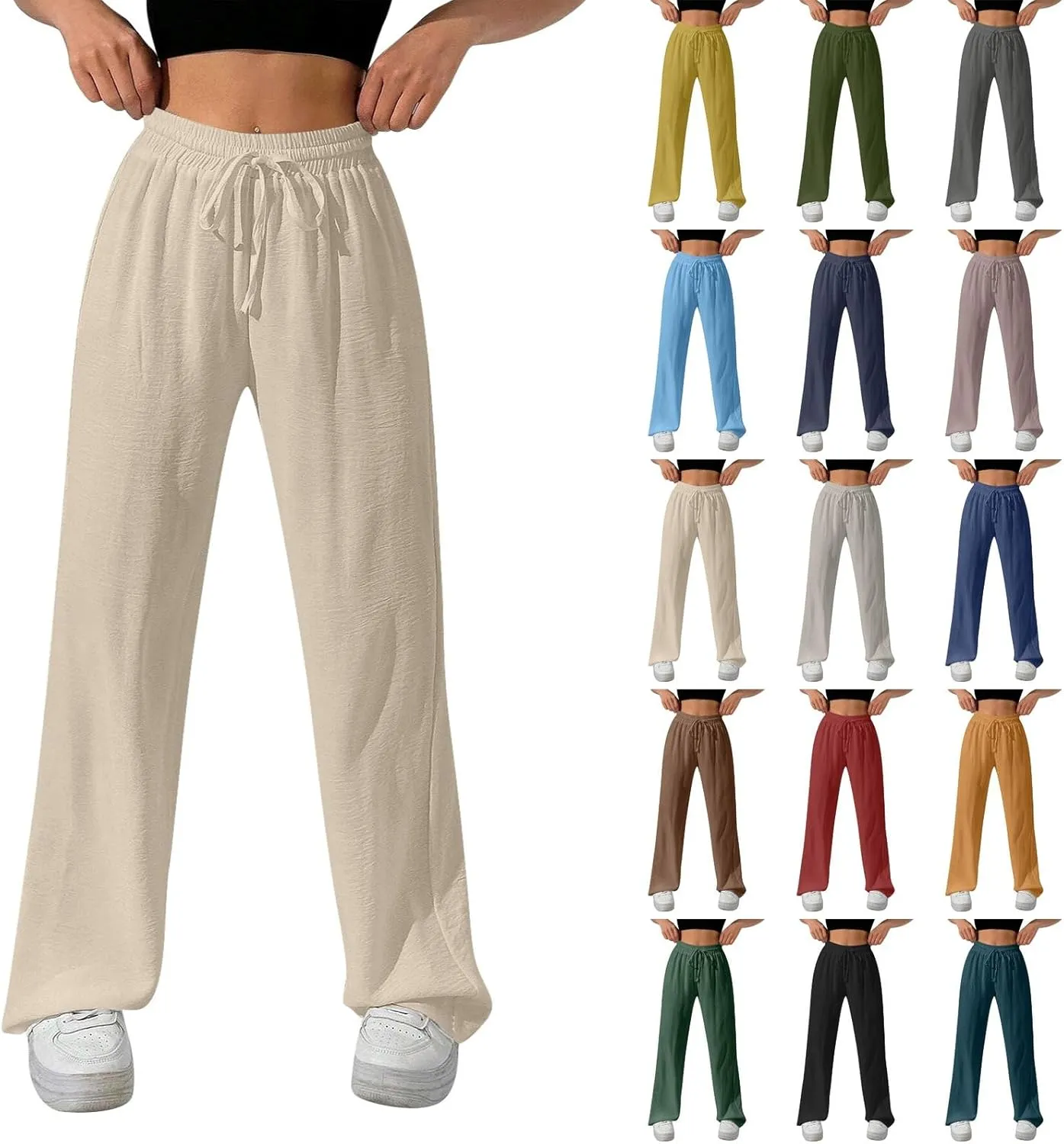 NBXNZWF Women's Cotton-Linen Pants Wide Leg Drawstring High Waist Casual Trousers Lounge Pant with Pockets Beach Outfits