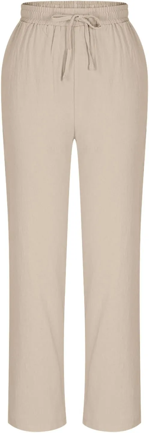 Oplxuo Cotton Linen Pants for Women Casual Straight Leg Elastic Waist Drawstring Trousers Beach Summer Pants with Pockets