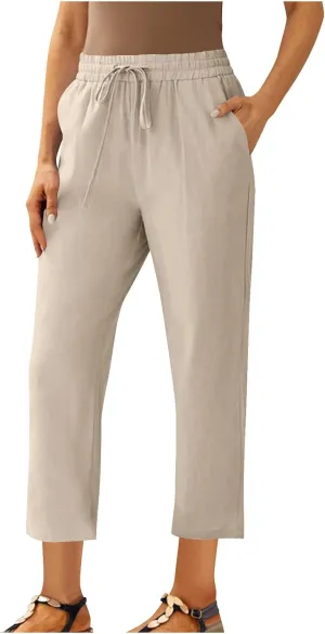 Oplxuo Cotton Linen Pants for Women Casual Straight Leg Elastic Waist Drawstring Trousers Beach Summer Pants with Pockets