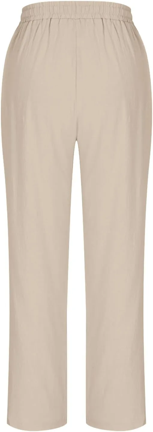 Oplxuo Cotton Linen Pants for Women Casual Straight Leg Elastic Waist Drawstring Trousers Beach Summer Pants with Pockets