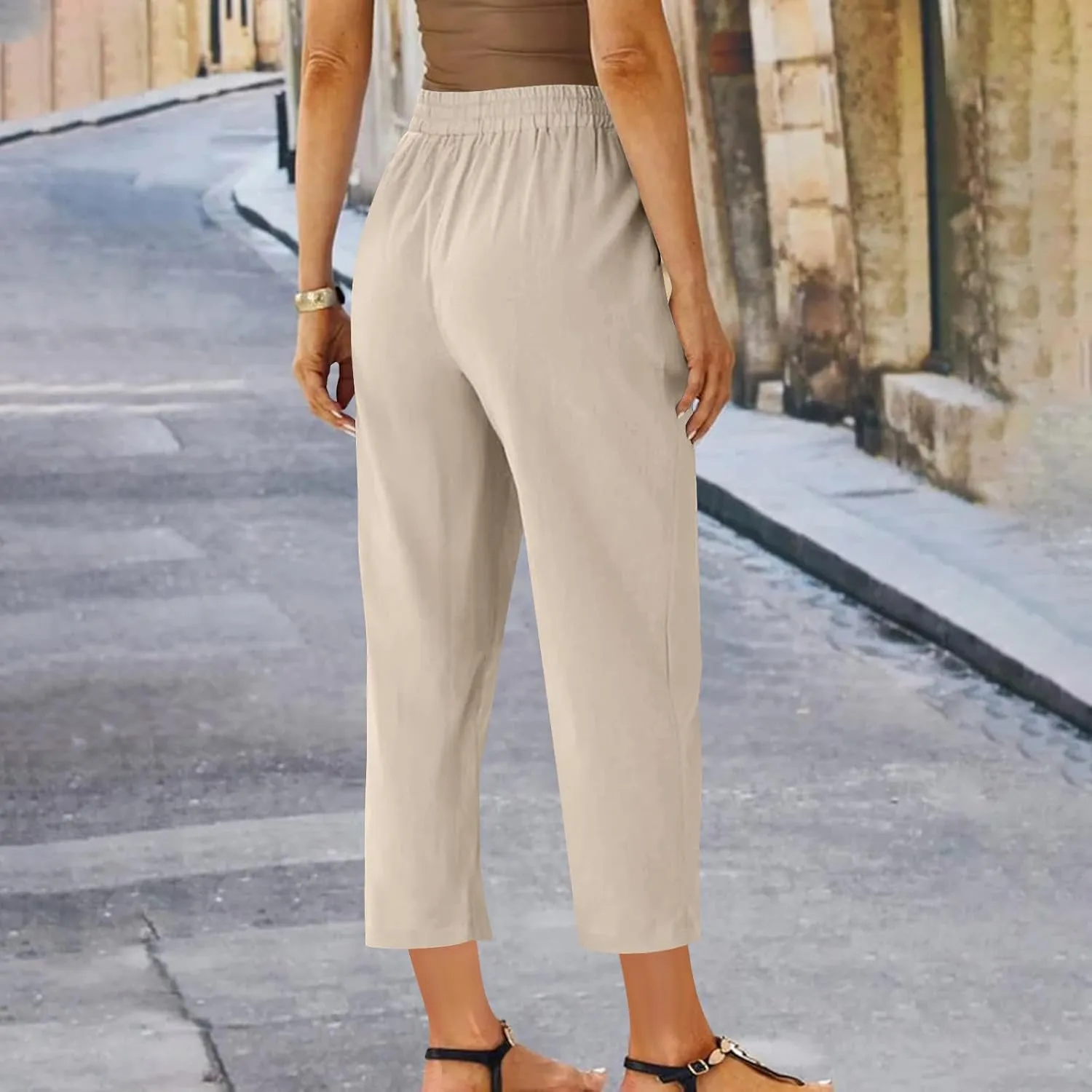 Oplxuo Cotton Linen Pants for Women Casual Straight Leg Elastic Waist Drawstring Trousers Beach Summer Pants with Pockets