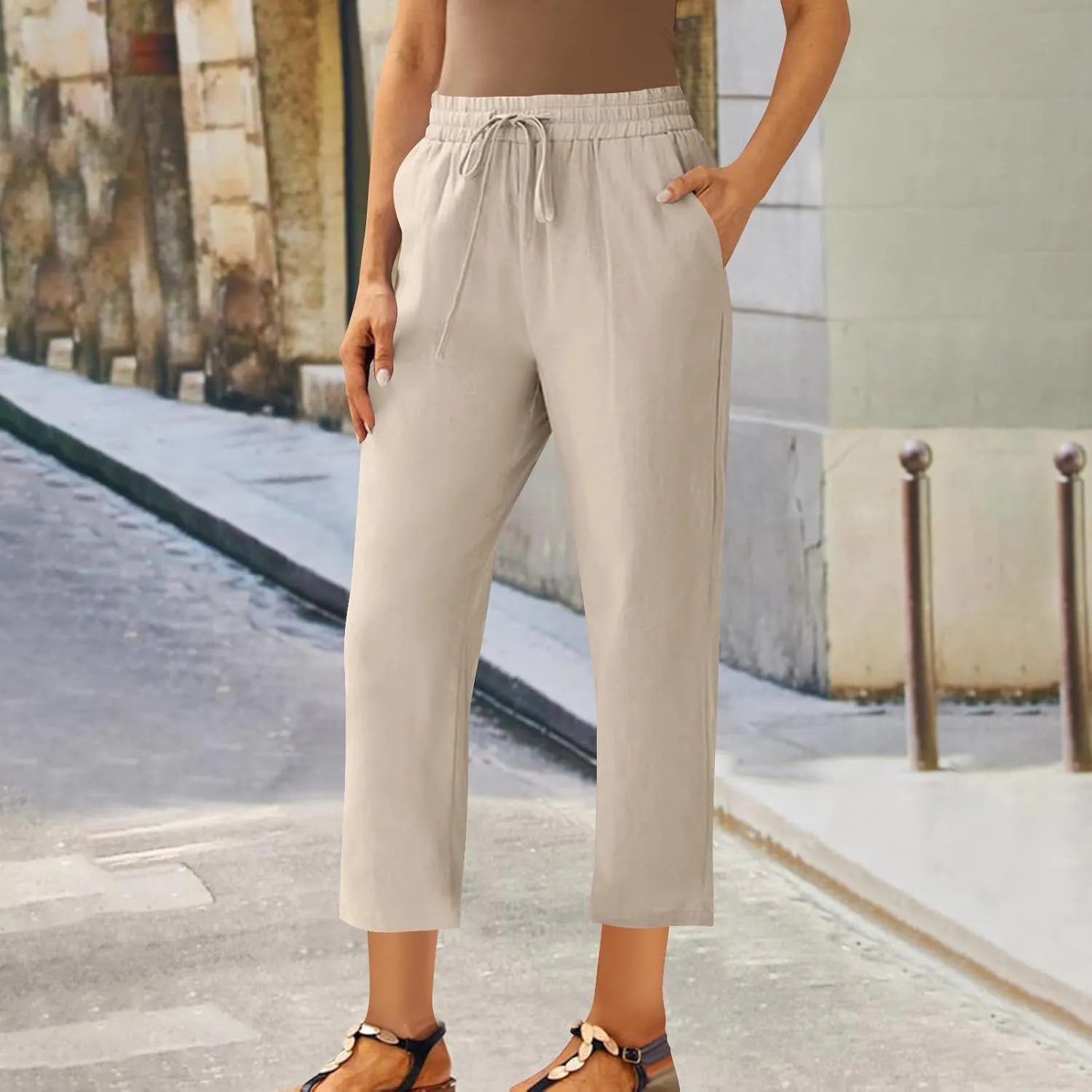 Oplxuo Cotton Linen Pants for Women Casual Straight Leg Elastic Waist Drawstring Trousers Beach Summer Pants with Pockets
