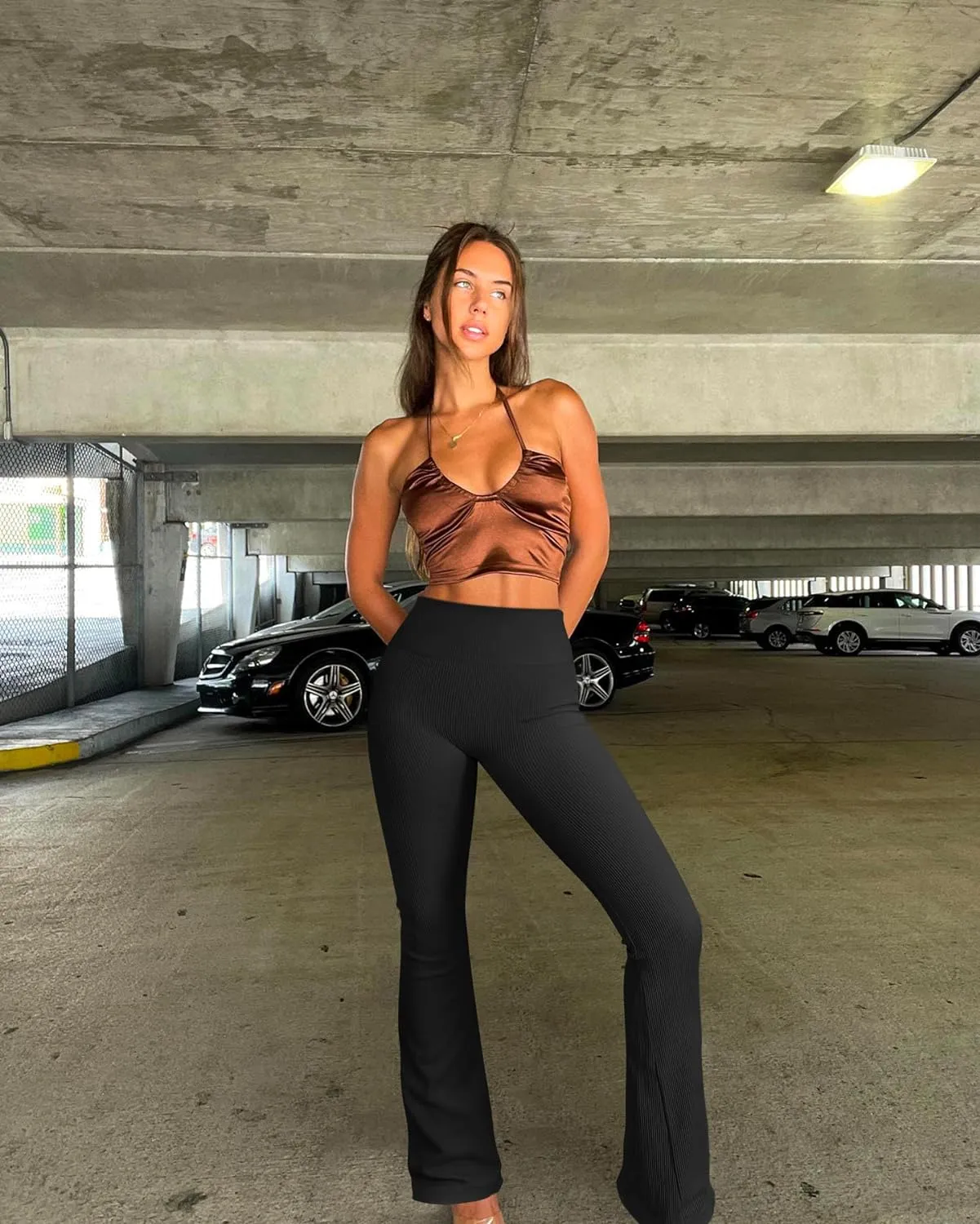 OQQ Women's Flare Pants Ribbed Seamless Workout High Waist Bell Bottoms Pants
