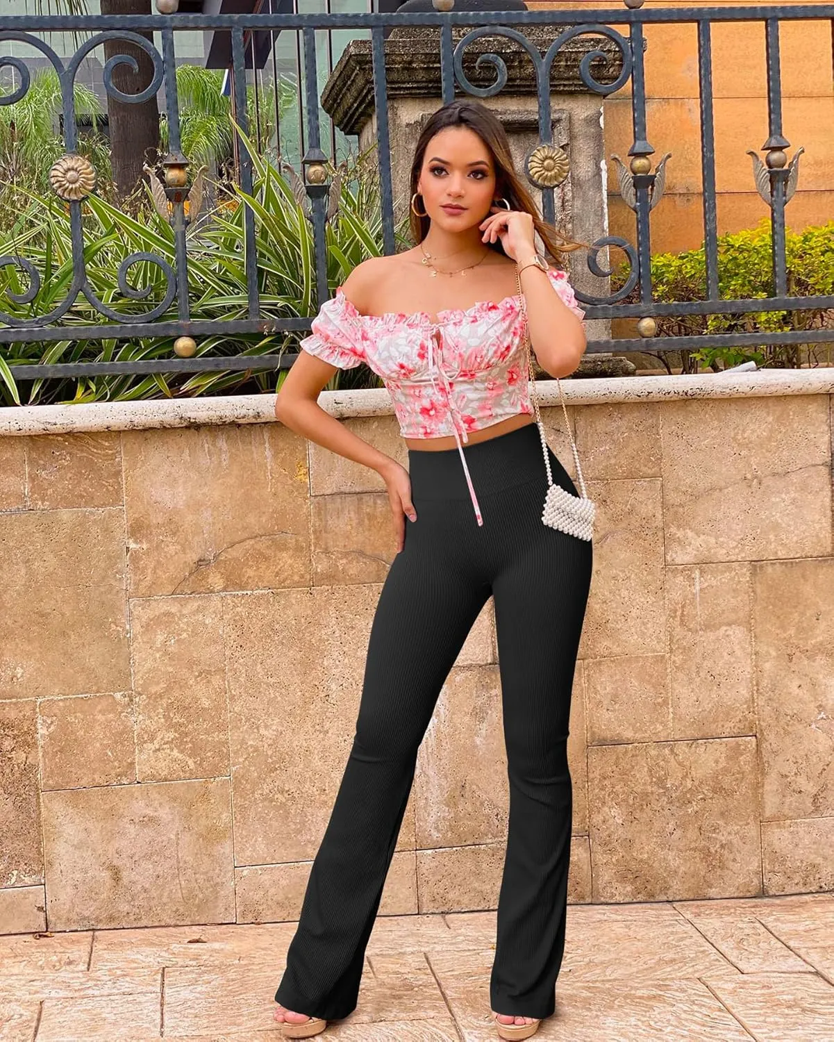 OQQ Women's Flare Pants Ribbed Seamless Workout High Waist Bell Bottoms Pants