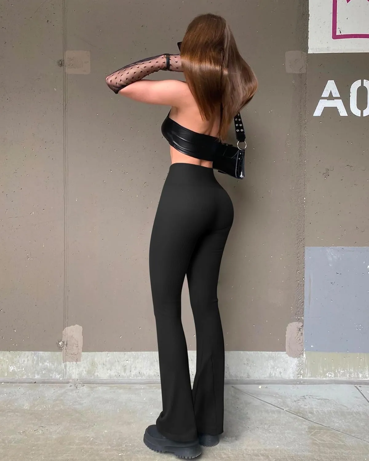 OQQ Women's Flare Pants Ribbed Seamless Workout High Waist Bell Bottoms Pants