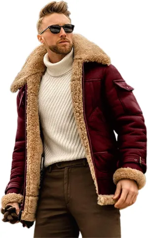 Owl's-Yard Men's Fleece Jacket Winter Turn Down Fur Collar Thick Thermal Coat Windbreaker Leather Motorcycle Bomber Jacket