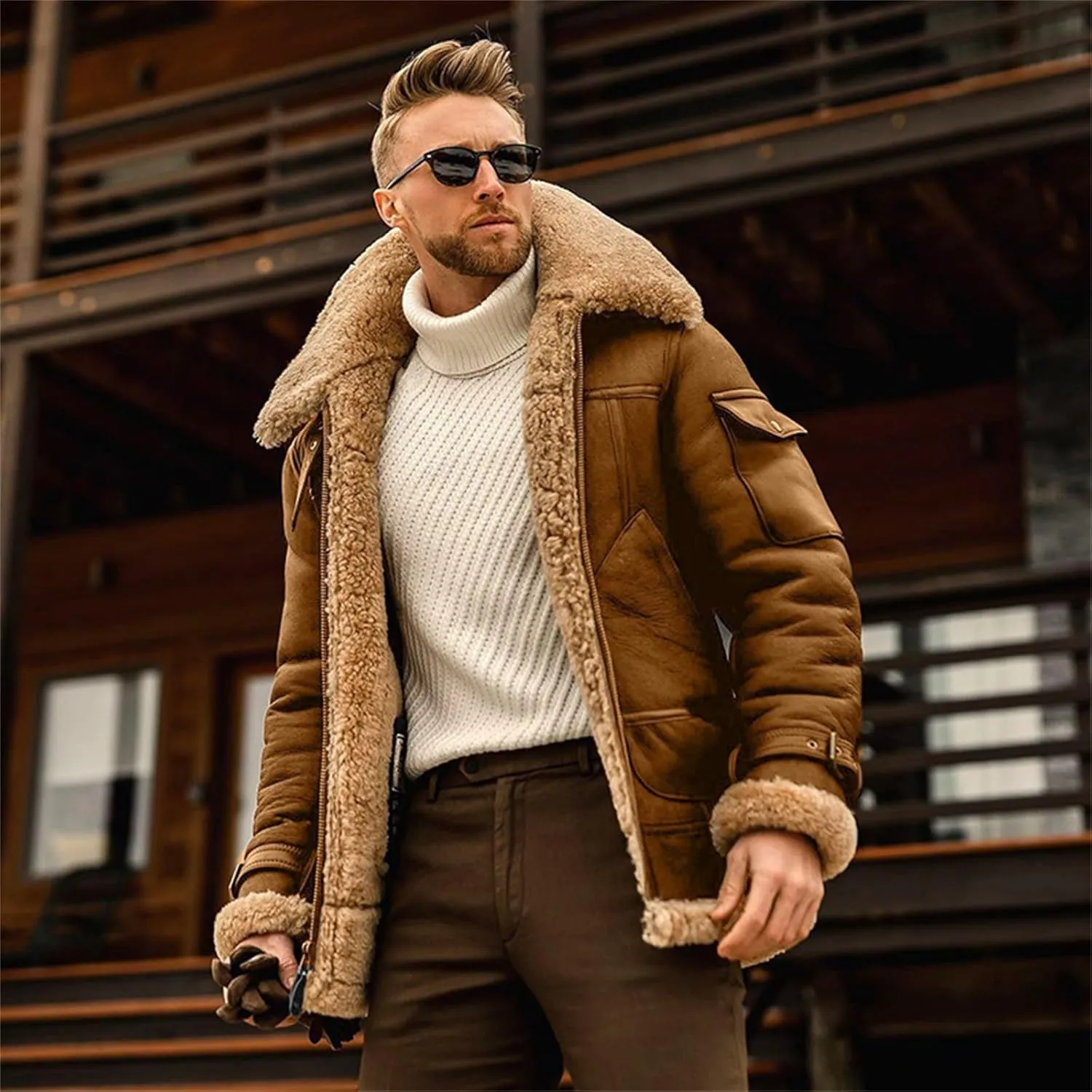 Owl's-Yard Men's Fleece Jacket Winter Turn Down Fur Collar Thick Thermal Coat Windbreaker Leather Motorcycle Bomber Jacket