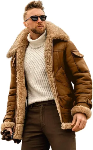 Owl's-Yard Men's Fleece Jacket Winter Turn Down Fur Collar Thick Thermal Coat Windbreaker Leather Motorcycle Bomber Jacket