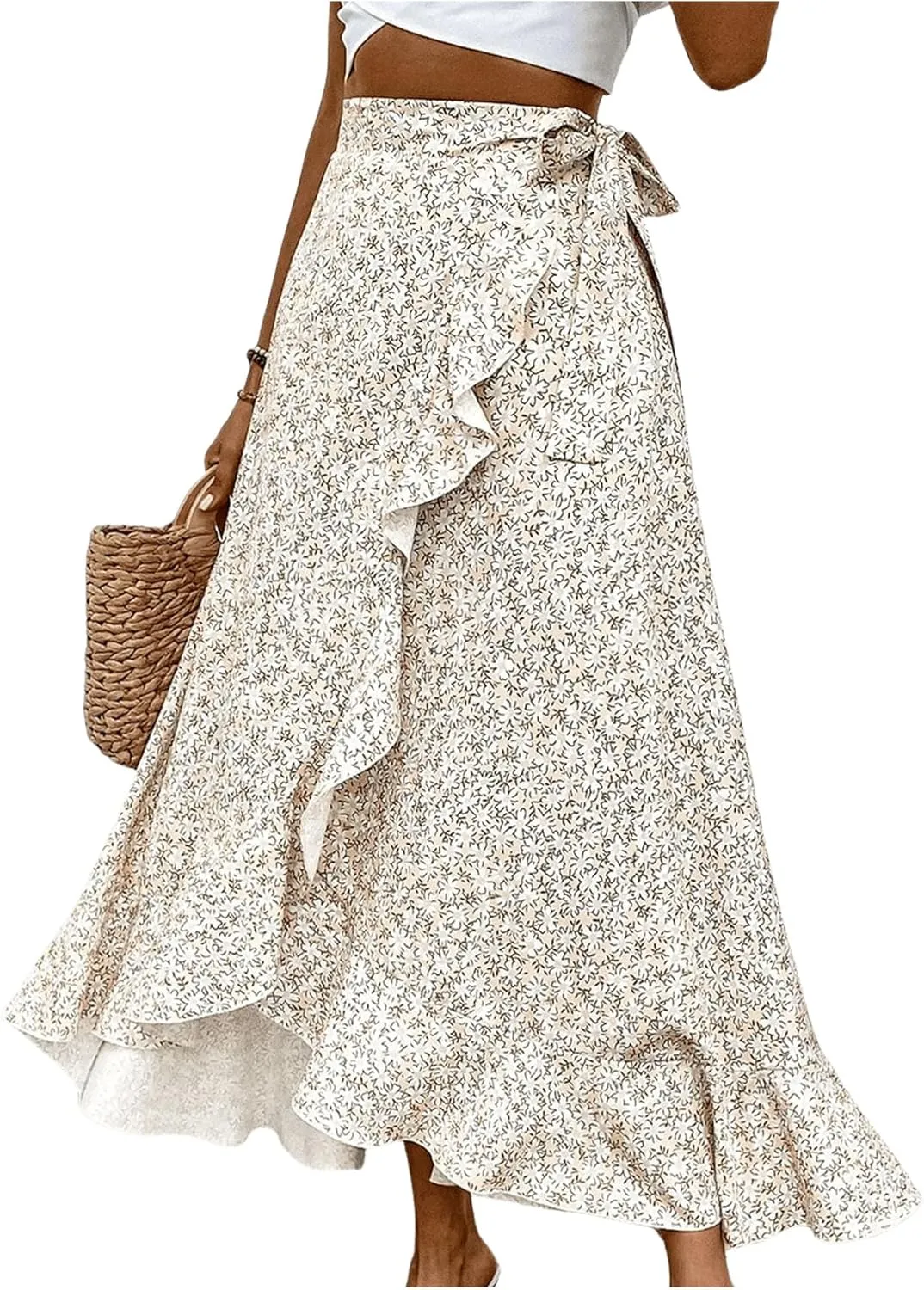 OYOANGLE Women's Floral Print Ruffle Skirts High Waisted Tie Side Wrap Flowy Long Skirt