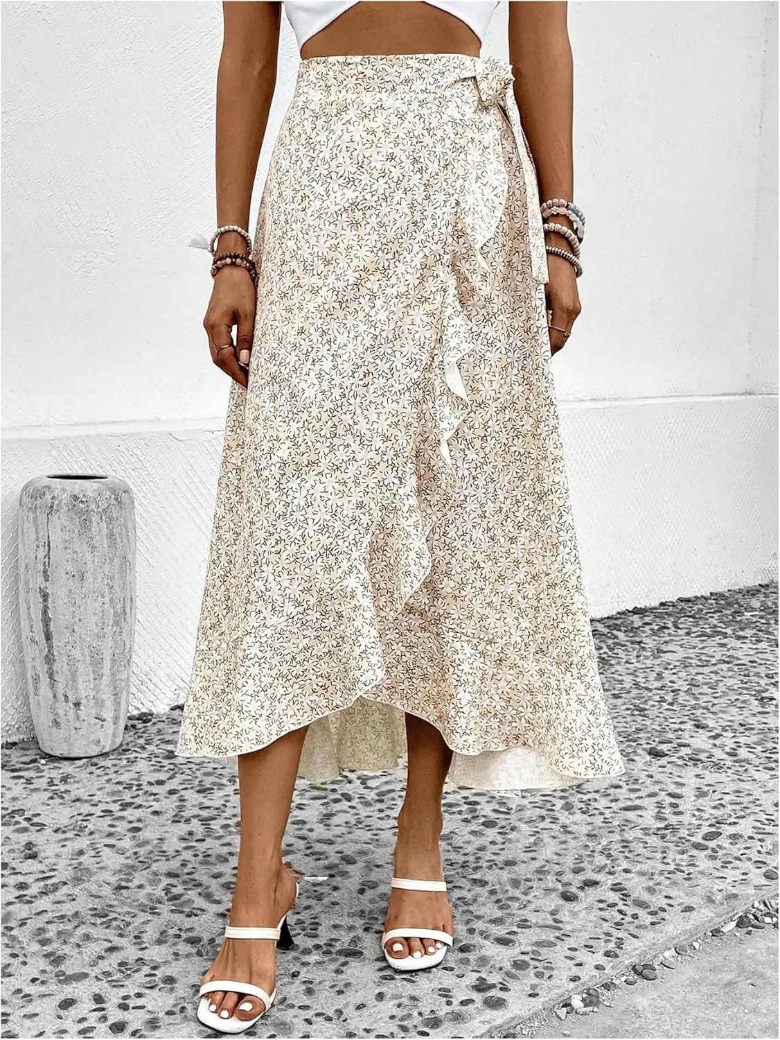 OYOANGLE Women's Floral Print Ruffle Skirts High Waisted Tie Side Wrap Flowy Long Skirt