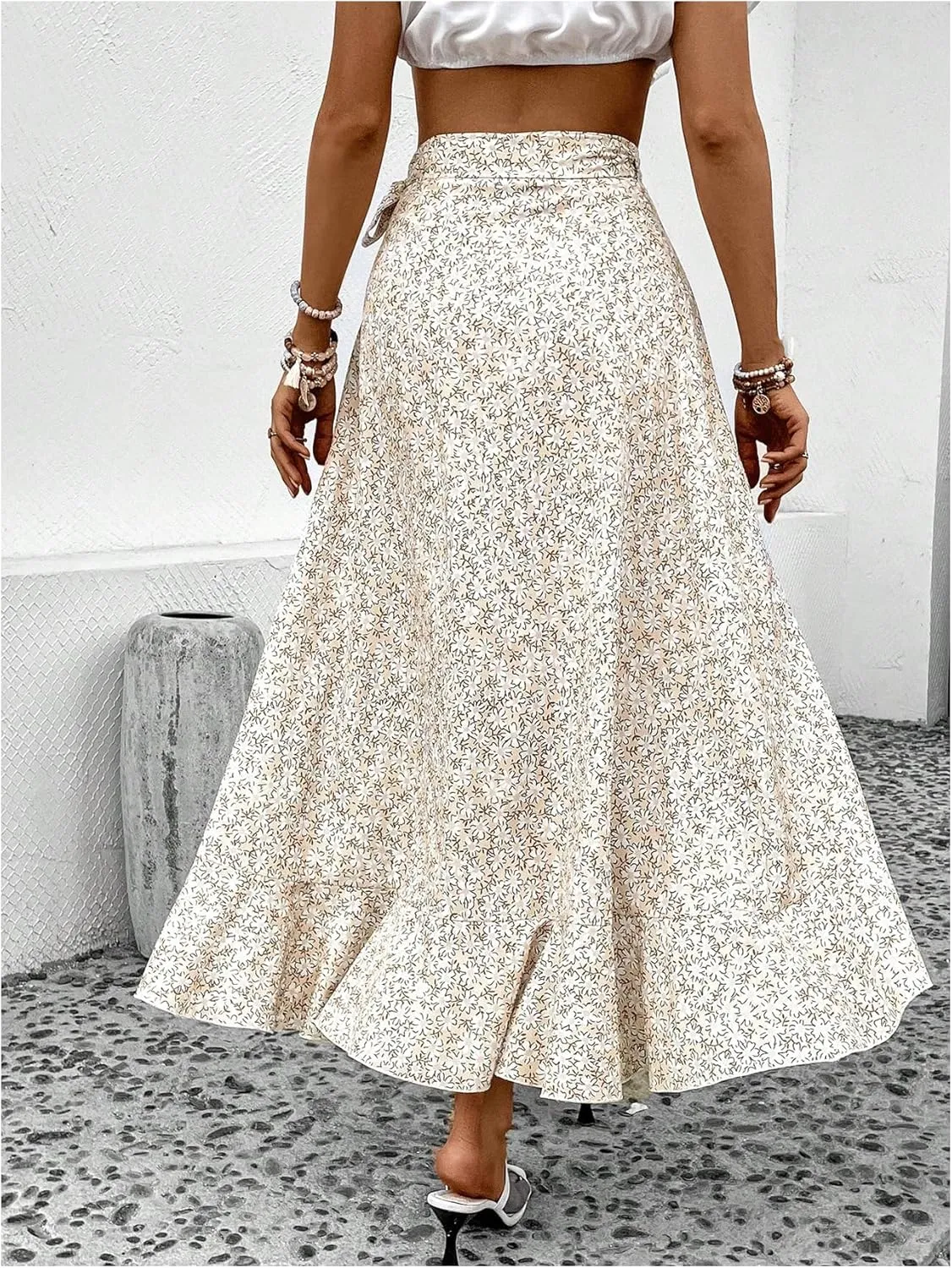 OYOANGLE Women's Floral Print Ruffle Skirts High Waisted Tie Side Wrap Flowy Long Skirt