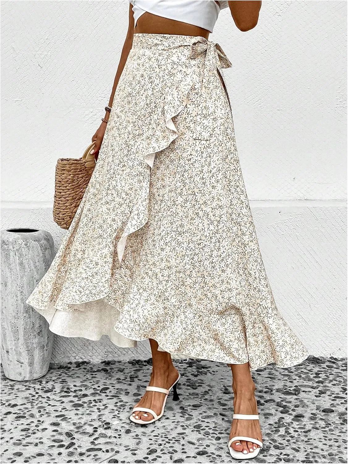 OYOANGLE Women's Floral Print Ruffle Skirts High Waisted Tie Side Wrap Flowy Long Skirt